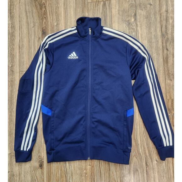 adidas Other - Adidas Track Jacket Mens SMALL Climalite Full Zip Blue White Logo Stripes EUC